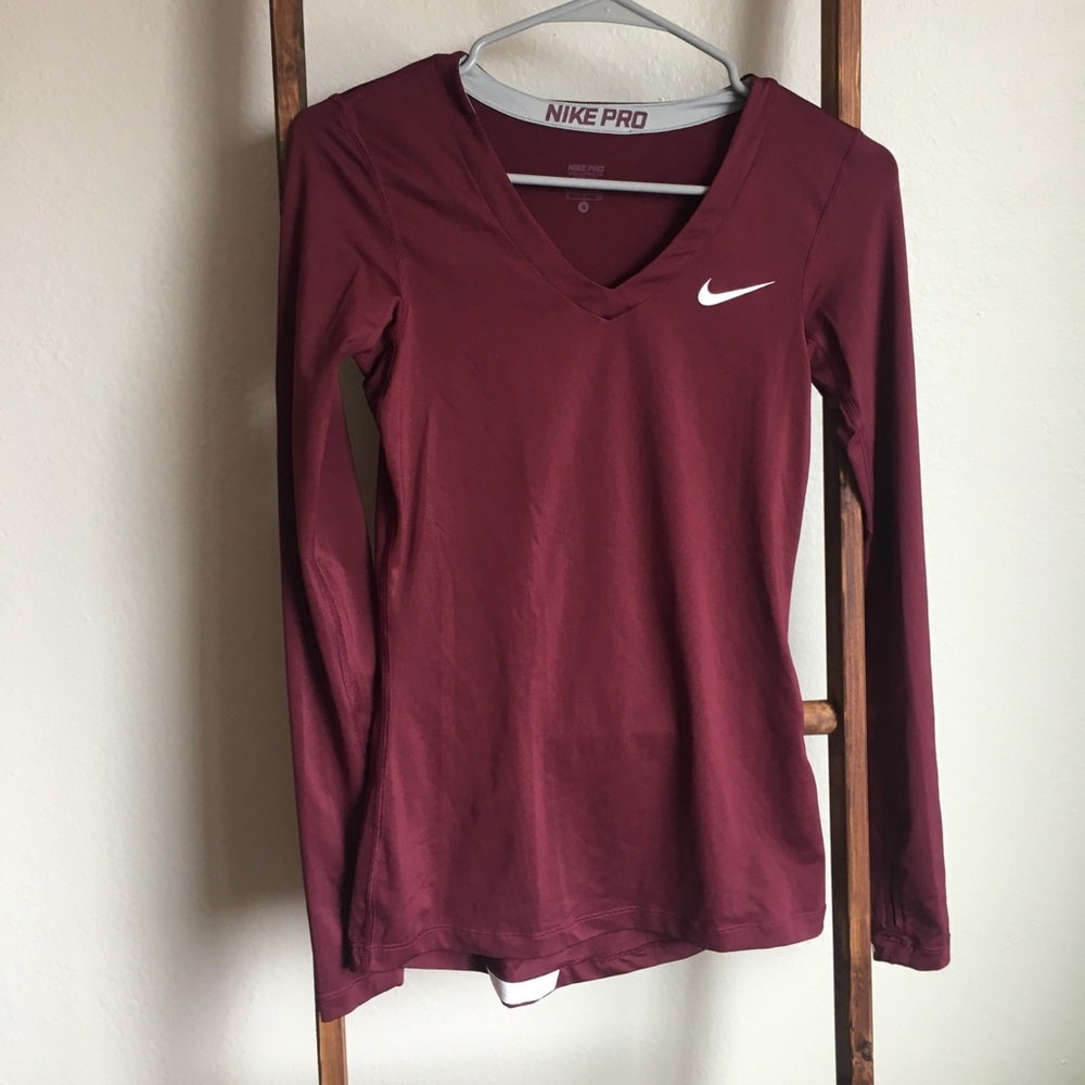 Maroon Nike Pro fitted base layer workout top